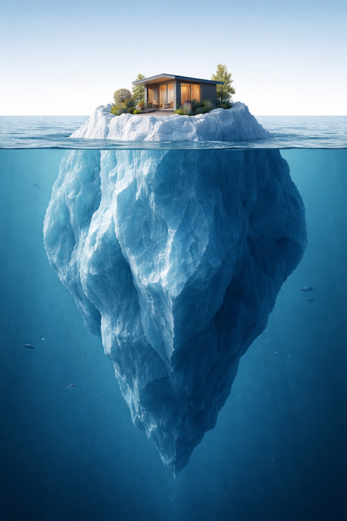 ADU sitting on top of an iceberg, representing hidden construction complexity